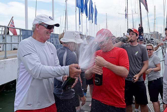 Captain of the three-boat squad, Anthony O'Leary (Antix, Ireland) celebrates dockside today with Marc Glimcher, Catapult (Ireland). © Rick Tomlinson / RORC http://www.rorc.org